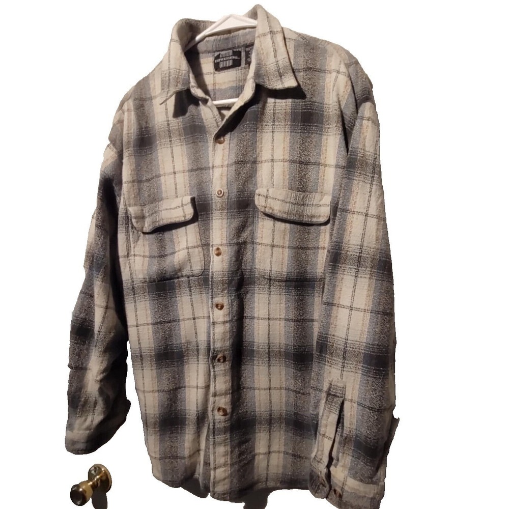 Expressions Mens XL Flannel Blue Gray Plaid Long‎ Sleeve 100% Cotton Button Up